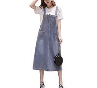 Yishengwan Damen Lang Jeanskleid Trägerrock Jeans Kleid Latzrock Latzkleid mit Taschen Hellblau M