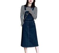 Yishengwan Damen Latzrock Jeans Latzkleid Mid Lang Trägerrock Jeansrock Overall mit Taschen Dunkelblau S