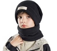 Yixda Kinder Beanie Mütze Loop Schal mit Teddy-Fleece Fütterung Thermo Wintermütze Halswärmer Schlauchschal für 8-15 Jahre Jungen Mädchen (Schwarz, Einheitsgröße)