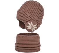 Yixda Kinder Wintermütze Schal Set mit Fleece Gefütterte Jungen Mädchen Strickmütze Schlauchschal 4-10 Jahren (Acryl, Kaffee)