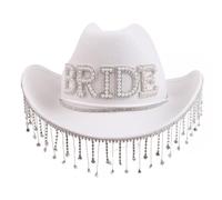 YIZITU Cowboyhut für Damen, Strass, Fransen, mit Brautbrief, Sommer, Outdoor, Braut-Fedora-Hut zum Fotografieren, Bridesilver, Einheitsgröße