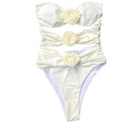 YIZITU Damen-Bikinis, Damen-Badeanzug, hohe Taille, modisch, 1 Stück, einfarbig, Badeanzug, weiblich, 3D-Blumen-Bandeau-Bademode, Strandmode, beige, Small/Large