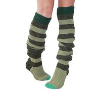 YIZITU Damen-Strümpfe, Vintage-Stil, bunt, gestreift, gestrickt, oberschenkelhoch, lässig, Overknee-Stiefel, Beinstulpen, grün, S-L