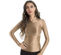 YiZYiF Damen Sexy Glänzend Shirt Langarm Glanz Top T-Shirt Eng mit Stehkragen Sport Tanz Workout Oberteil Party Gogo Clubwear Kaffee XL