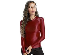 YiZYiF Damen Sexy Glänzend Shirt Langarm Glanz Top T-Shirt Eng mit Stehkragen Sport Tanz Workout Oberteil Party Gogo Clubwear Burgund XL