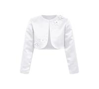 YiZYiF Mädchen Bolero Jacke Zum Festlich Hochzeit Baby Kinder Schulterjacke Satin Jäckchen Langarm Mit 3D-Blumen und Strass Weiß 146-152