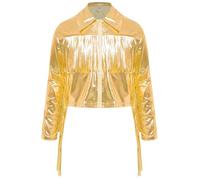 YiZYiF Mädchen Metallic Jacke Mit Quasten Kinder Glänzend Holographic Bomberjacke Sweatjacke Hip Hop Karneval Disco Festival Outfit Gold 122-128