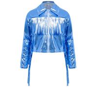 YiZYiF Mädchen Metallic Jacke Mit Quasten Kinder Glänzend Holographic Bomberjacke Sweatjacke Hip Hop Karneval Disco Festival Outfit Blau 122-128