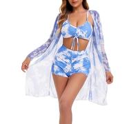 Yknktstc 3-teiliges Damen-Bikini-Set, Badeanzug, tropischer Strand, Kimono, Bademode, Badeanzug mit Boy-Shorts, A-011, Large