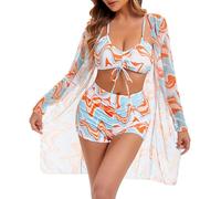 Yknktstc 3-teiliges Damen-Bikini-Set, Badeanzug, tropischer Strand, Kimono, Bademode, Badeanzug mit Boy-Shorts, A-08, Large