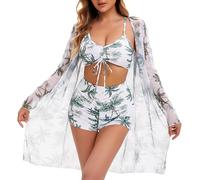 Yknktstc 3-teiliges Damen-Bikini-Set, Badeanzug, tropischer Strand, Kimono, Bademode, Badeanzug mit Boy-Shorts, A-013, XL