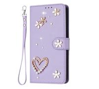 YKTO Glitzer Brieftasche Hülle für Oneplus Nord 5 5G Mädchen Frauen Hellviolett Leder Geldbörse Handyhülle Glänzend Diamant Strass Doppellagiges Herz mit Blumen Hülle für Oneplus Nord 5 5G