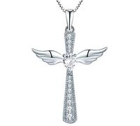 YL Kreuz Engelsflügel Halskette 925 Sterling Silber April Geburtsstein White Zirkonia Schutzengel Anhänger Halskette für Damen