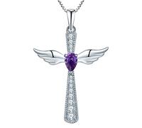 YL Kreuz Engelsflügel Halskette 925 Sterling Silber Februar Geburtsstein Tief Amethyst Schutzengel Anhänger Halskette für Damen