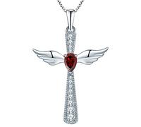 YL Kreuz Engelsflügel Halskette 925 Sterling Silber Januar Geburtsstein Granat Schutzengel Anhänger Halskette für Damen