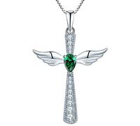 YL Kreuz Engelsflügel Halskette 925 Sterling Silber Mai Geburtsstein Grün Zirkonia Schutzengel Anhänger Halskette für Damen