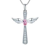 YL Kreuz Engelsflügel Halskette 925 Sterling Silber Oktober Geburtsstein Rosa Zirkonia Schutzengel Anhänger Halskette für Damen