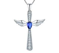 YL Kreuz Engelsflügel Halskette 925 Sterling Silber September Geburtsstein Spinellblau Schutzengel Anhänger Halskette für Damen