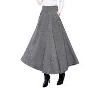 Ylingjun Langer Damenrock aus Warmer Wolle, für Winter und Herbst, dehnbar, hohe Taille, A-Linie, Plissee, Wolle, Schwarz, Weiß, XXL