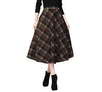 Ylingjun Langer karierter Wollrock für Damen, Winter, Herbst, hohe elastische Taille, A-Linie, ausgestellt, plissierte Wollröcke, Kaffeebraun/wadenhoch, Mittel