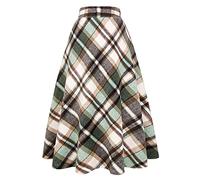 Ylingjun Langer, Karierter Wollrock für Damen, Winter, Herbst, warm, hohe elastische Taille, A-Linie, ausgestellt, plissiert, Wolle, Schottenkaro, Grün 02, X-Klein