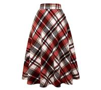 Ylingjun Langer, Karierter Wollrock für Damen, Winter, Herbst, warm, hohe elastische Taille, A-Linie, ausgestellt, plissiert, Wolle, Schottenkaro, weinrot, Groß