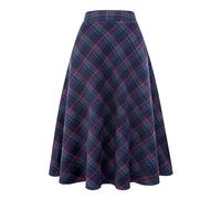 Ylingjun Langer karierter Wollrock für Damen, Winter, Herbst, warm, hohe elastische Taille, A-Linie, ausgestellt, plissiert, Wolle, Schottenkaroröcke, Marineblau, XX-Large