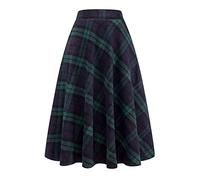 Ylingjun Langer karierter Wollrock für Damen, Winter, Herbst, warm, hohe elastische Taille, A-Linie, ausgestellt, plissiert, Wolle, Tartan Röcke, Grün , Klein