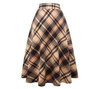 Ylingjun Langer, Karierter Wollrock für Damen, Winter, Herbst, warm, hohe elastische Taille, A-Linie, ausgestellt, plissiert, Wolle, Schottenkaro, braun, X-Groß