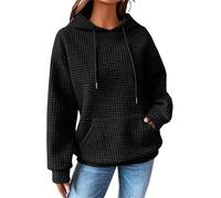 YloveM Causal Hoodie Damen Oversize warm lang Waffel Kapuzenpullover mit Zip elbsand Pullover Sweatshirt mit Kapuze Schwarz L