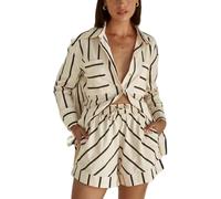 YLQQdMK hemdbluse Damen Langarm Casual Gestreifte Kontrastnähte Gedrucktes Open-Front-Hemd Und Shorts Set-Aprikose-M