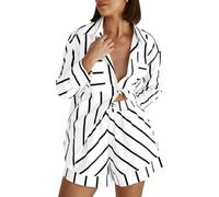 YLQQdMK hemdbluse Damen Langarm Casual Gestreifte Kontrastnähte Gedrucktes Open-Front-Hemd Und Shorts Set-Weiß-XL