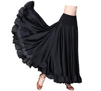 YM YOUMU Langer Rock für Damen, elastischer Bund, Satin, Rüschen, für spanische Flamenco, Bauch, Folklorico, -Tanz, schwarz, Groß