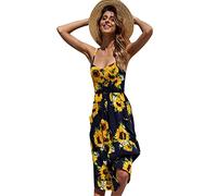 Yming Damen A Line Lässig Blumenmuster Kleid Rückenfrei Spaghettiträger Kleid Strand Langes Kleid Sonnenblume Marineblau S