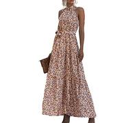 Yming Damen Ärmelloses Kleid Lagenlook Neckholder Langes Kleid Mit Gürtel Lässig Locker Sommer Strandkleid Weiße Rosa Blume XS