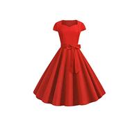 Yming Damen Audrey Hepburn Swing Kleid Kappenärmel Rockabilly Sommerkleider Cocktail Tea Party Kleid Vintage Abendkleid Rot S