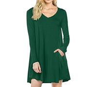 Yming Damen Casual Langarm Kleid Einfatbig Kleid V-Ausschnitt Kleid Swing Kleid Grün L