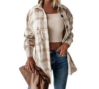 Yming Damen Casual Revers Langarm Hemd Holzfällerjacke mit Tasche Vintage Mantel Light Cafe 3XL