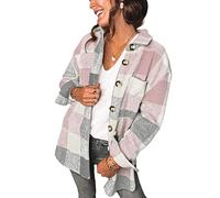 Yming Damen Casual Wolle Mischung Plaid Shirts Jacke Langarm Button Down Lose Shacket Mantel Gingham Karo Revers Shirts Jacke mit Fronttasche Rosa L