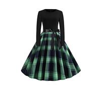 Yming Damen Cocktail Party Abendkleid Vintage Kleider Polka Dot Rockabilly Swing Langarm Kleid Grün Blau XS