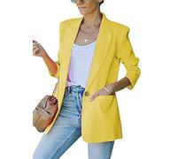 Yming Damen Einfarbig Winter Anzug OL Büro Anzug Cardigan Offene Vorderseite Blazer Lange Vorne Offen Blazer Gelb XS