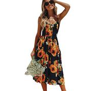 Yming Damen Floral Spaghetti Strap Midi Kleid Boho Beach A Line Kleid Bedrucktes Swing Kleid Sonnenblume M