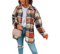 Yming Damen Karierte Oversized Hemdjacke Holzfällerjacke Mit Karierten Taschen Langarm Check Shirt Jacke Herbst Winter Tops Casual Orange 3XL