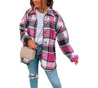 Yming Damen Kurz Freizeithemd Casual Karo Hemdbluse Kariert Holzfällerhemd Rosa XXL