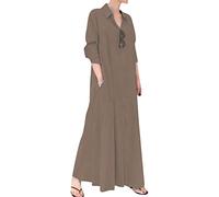 Yming Damen Langarm Maxi Kleid Baumwolle Leinen Shirt Kleid Mit Taschen Button Down Kleider Kaffee S