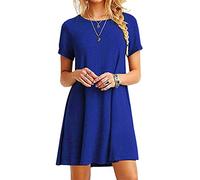 Yming Damen Langes Shirt Basic Longshirt Casual Kurzarm Tunikakleid Shirtkleid Blau S/DE 36