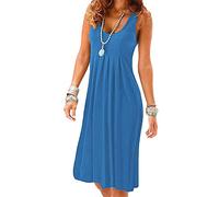 Yming Damen Midi Kleid Einfarbig Rundhalsausschnitt Taille Ausgestelltes Kleid ärmelloses Tank-Kleid Blau XXL