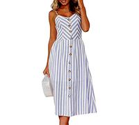 Yming Damen Spaghetti Strap Beach Holiday A Line Kleid Midi Long Dress Printed Boho Dress Stripe Blau S