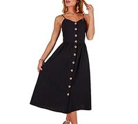 Yming Damen Spaghetti-Träger Midi Lässig Kleid Blumendruck Swing Kleid A Line Boho Strandkleider Schwarz L