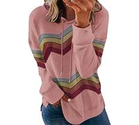 Yming Damen Streifen Kapuzenshirt Lose Langarm Shirts Rundhals Sweatshirt Freizeit Sweatshirts Rosa XL